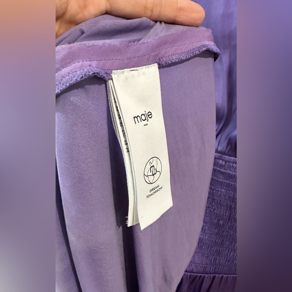 Maje Reloua Purple Satin Smock-Waisted Long Sleeve Dress FR 34 (US XS or 0) - Picture 13 of 13